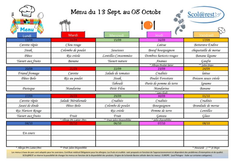 Menu cantine Septembre ecole privée guadeloupe