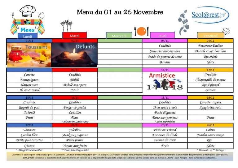 Menu cantine novembre ecole privée guadeloupe