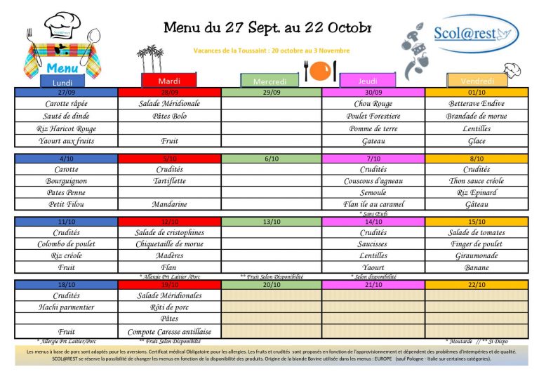 Menu cantine octobre ecole privée guadeloupe