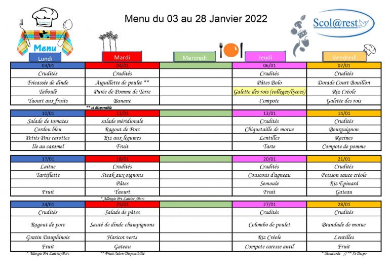 Menu cantine janvier ecole privée guadeloupe