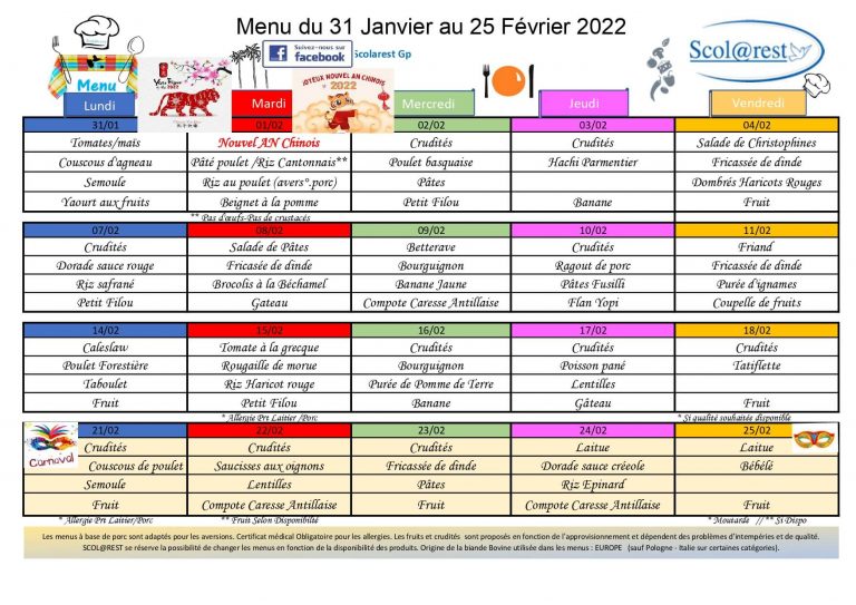 Menu cantine février ecole privée guadeloupe