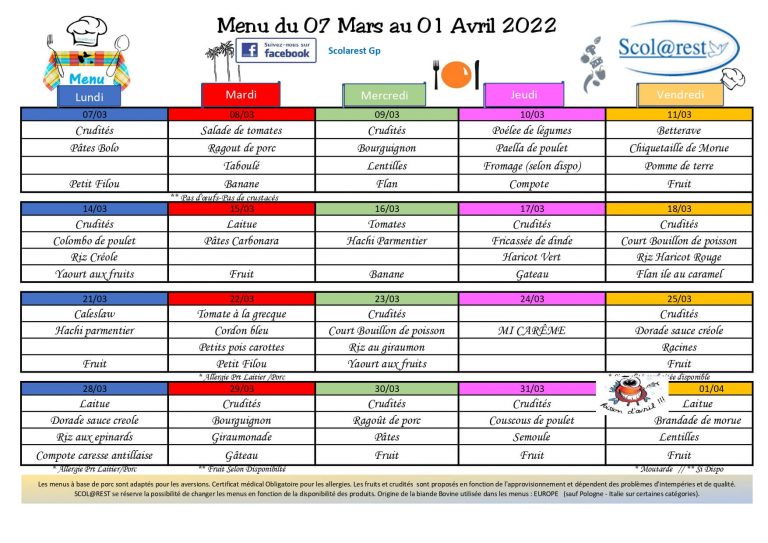 Menu cantine Mars ecole privée guadeloupe