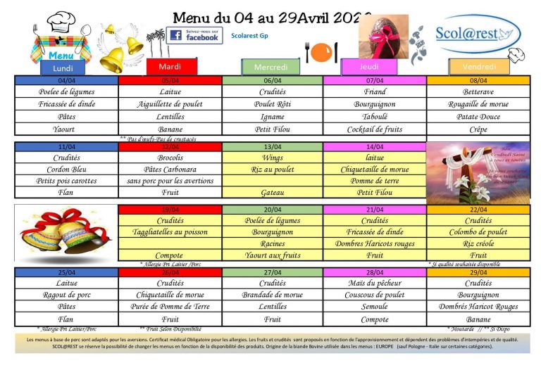 Menu cantine Avril ecole privée guadeloupe