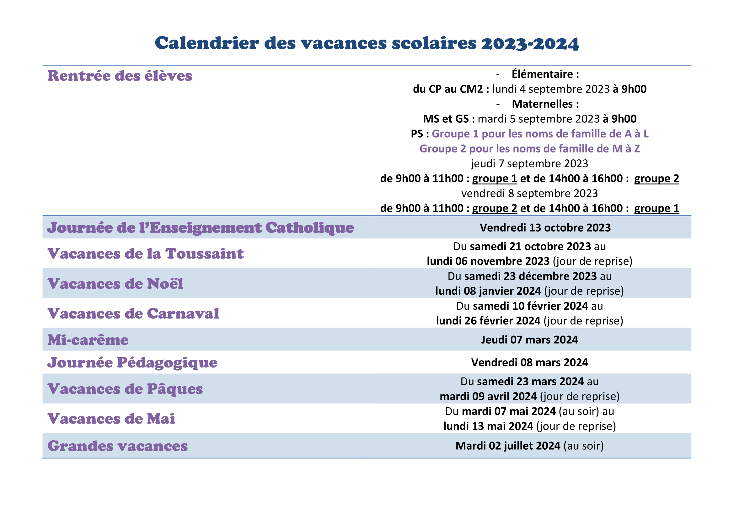 Calendrier des vacances scolaires Ecole Privée Guadeloupe, Ecole