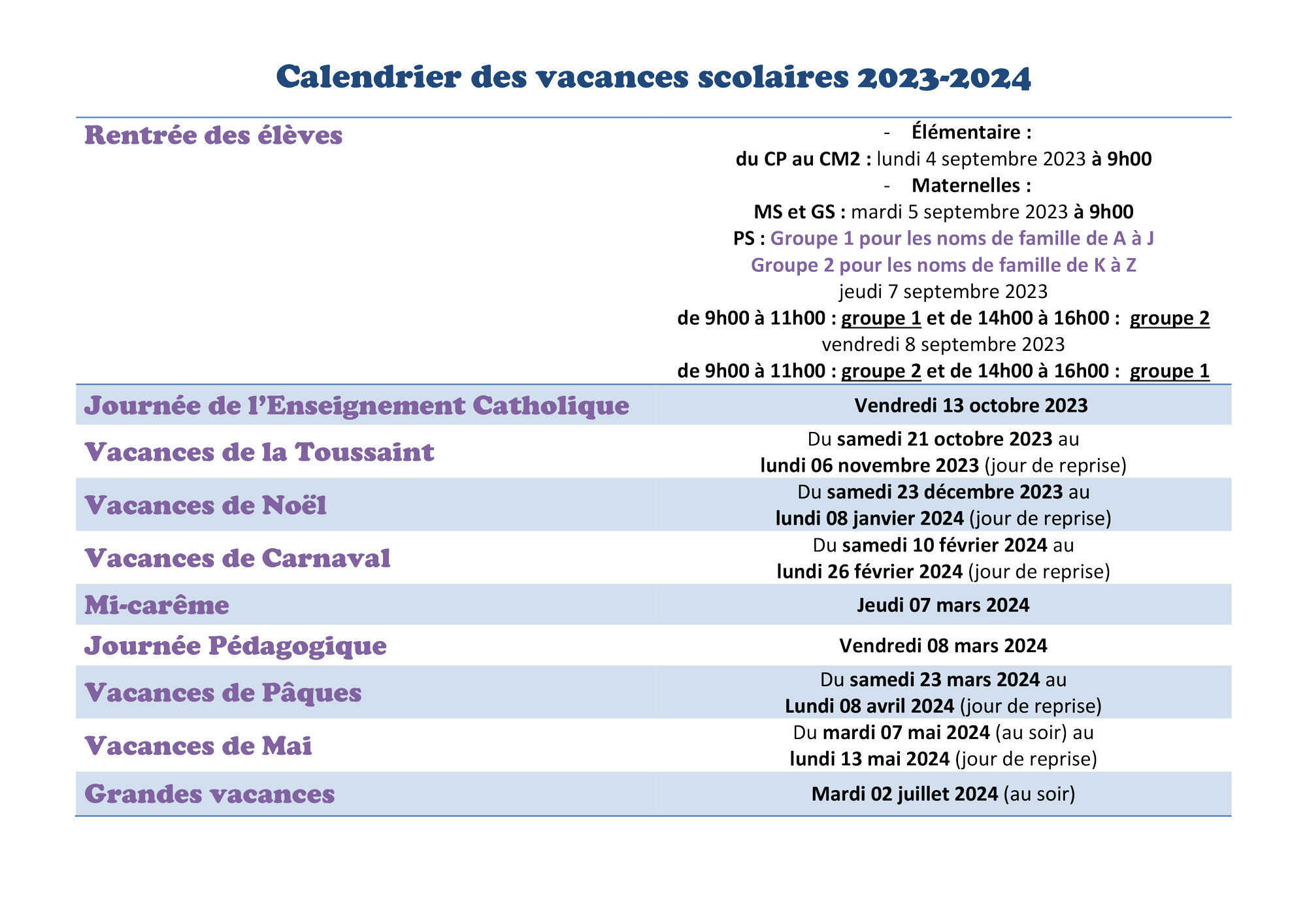 Calendrier des Vacances Scolaires 2023-2024