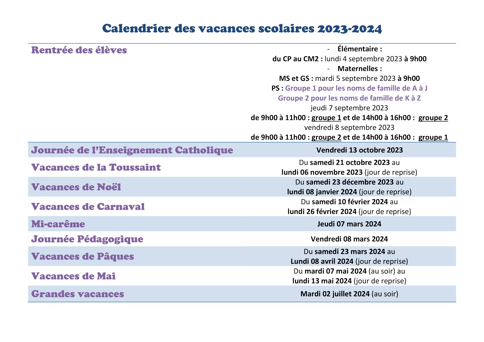 Calendrier des vacances scolaires Ecole Privée Guadeloupe, Ecole